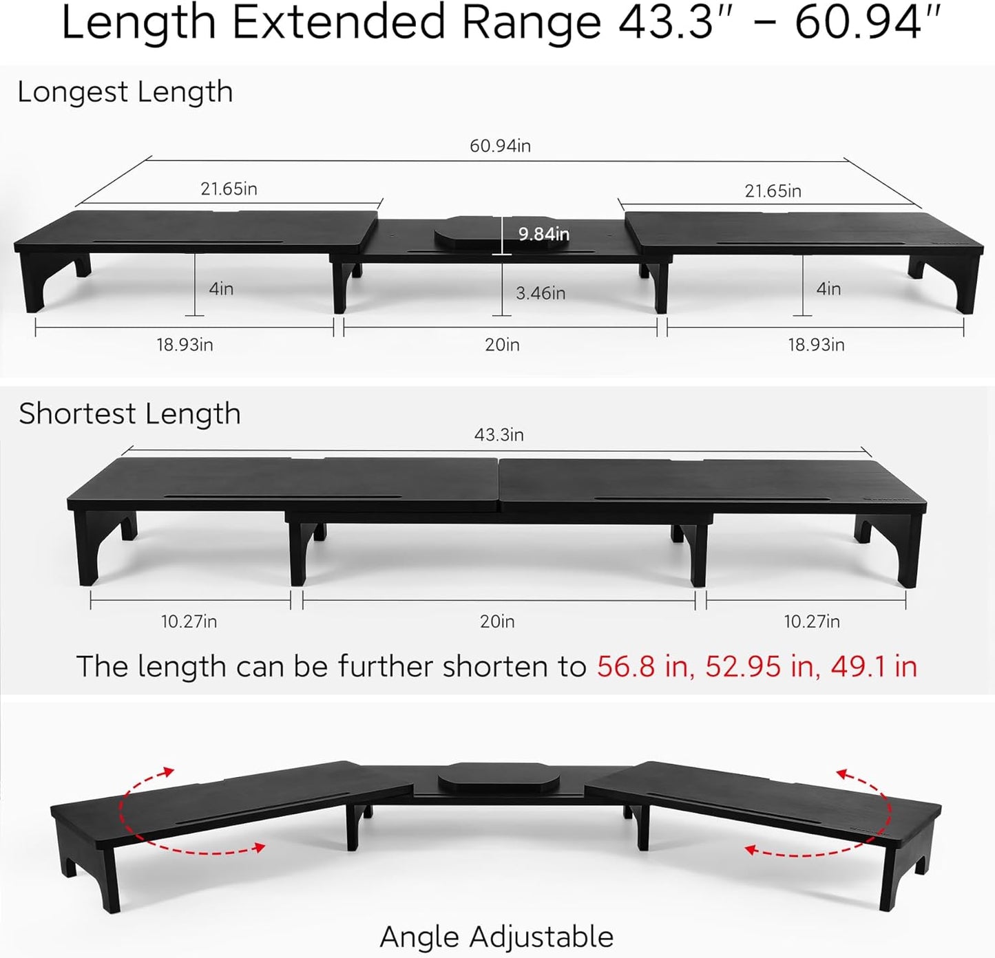 Nnewvante Monitor Stand Riser, 60 inch Large Bamboo Dual Monitor Stand for Desk, 3 Shelves Desktop Screen Riser with Adjustable Length Angle for Computer Laptop PC