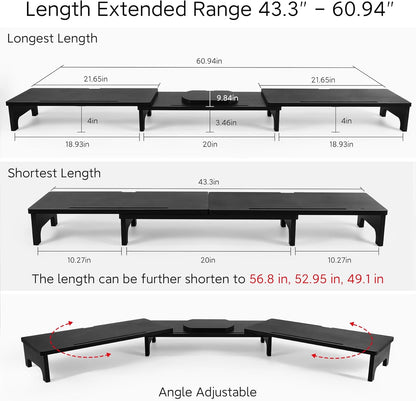 Nnewvante Monitor Stand Riser, 60 inch Large Bamboo Dual Monitor Stand for Desk, 3 Shelves Desktop Screen Riser with Adjustable Length Angle for Computer Laptop PC