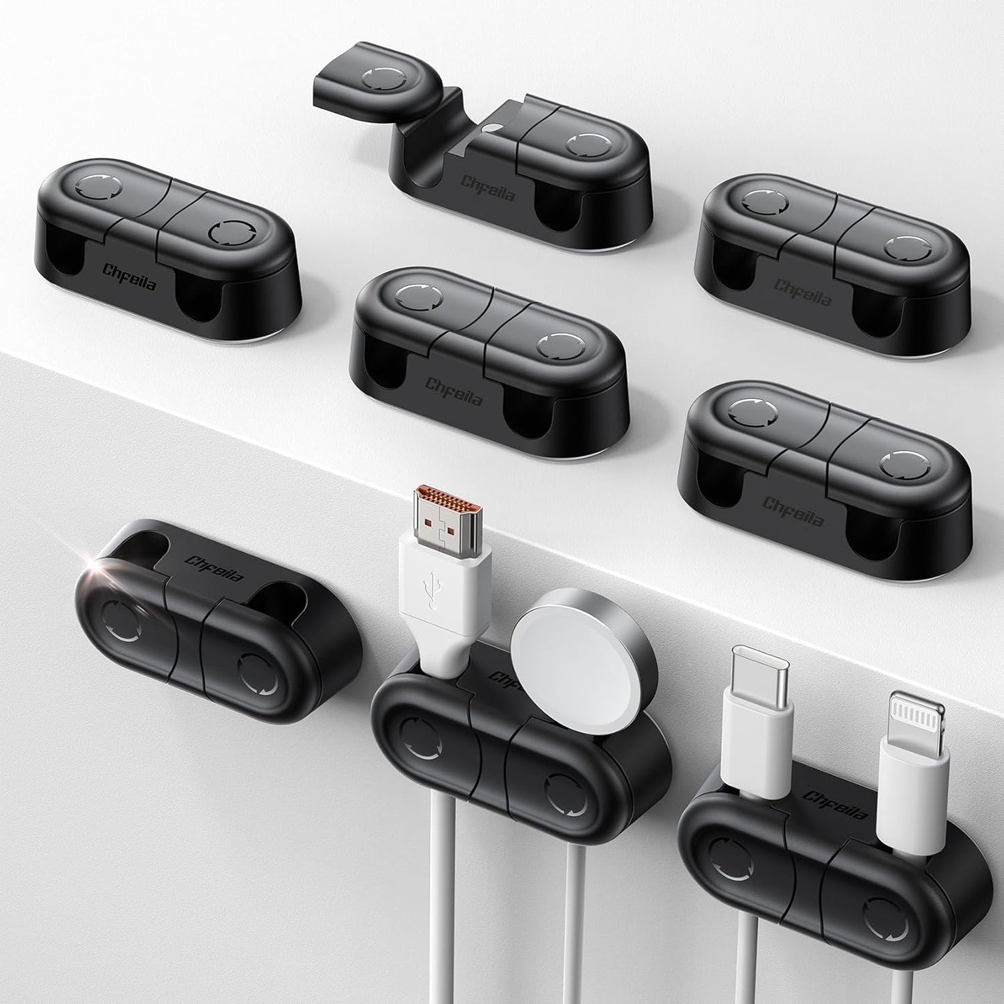 Magnetic Cable Clips - Chfeila 4Pack [Dual Slot] [360°Rotating & Twist-Lock] Cord Management, Adhesive Phone Charging Keeper, Wire Organizer Holder for Nightstand, Home Office Desk Accessories Decor