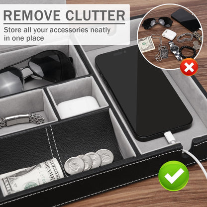 Baoyun Mens Nightstand Organizer, Leather Valet Tray for Men, EDC Catchall Tray with Phone Charging Station, Dresser Top Organizer, 6 Compartments Entryway Valet Box for Wallet, Keys, Phone