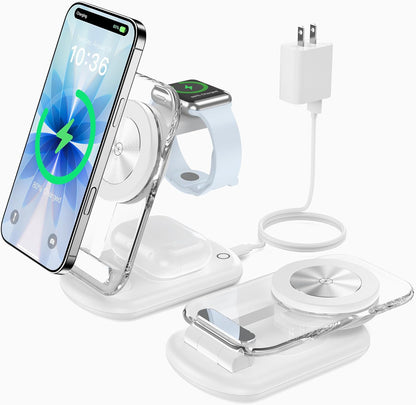 3 in 1 Magnetic Wireless Charging Station for Apple Devices, Fast Foldable Travel Mag-Safe Charger Stand with Night Light for iPhone 17 16 15 14 13 12 Series, Apple Watch/AirPods Pro, BU