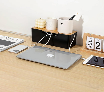 ABS Cord Organizer Box with Wooden Lid, Cable Management Box for Power Strips or Surge Protectors, Desk Cable Tidy Box for Office Home(White)