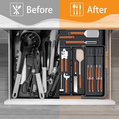 Homecor Large Utensil Organizer for Kitchen Drawer, Expandable Silverware Drawer Organizer Cooking Tray, Cutlery and Flatware Utensil Holder Kitchen Spatula Tools Storage with 3 Dividers, Grey