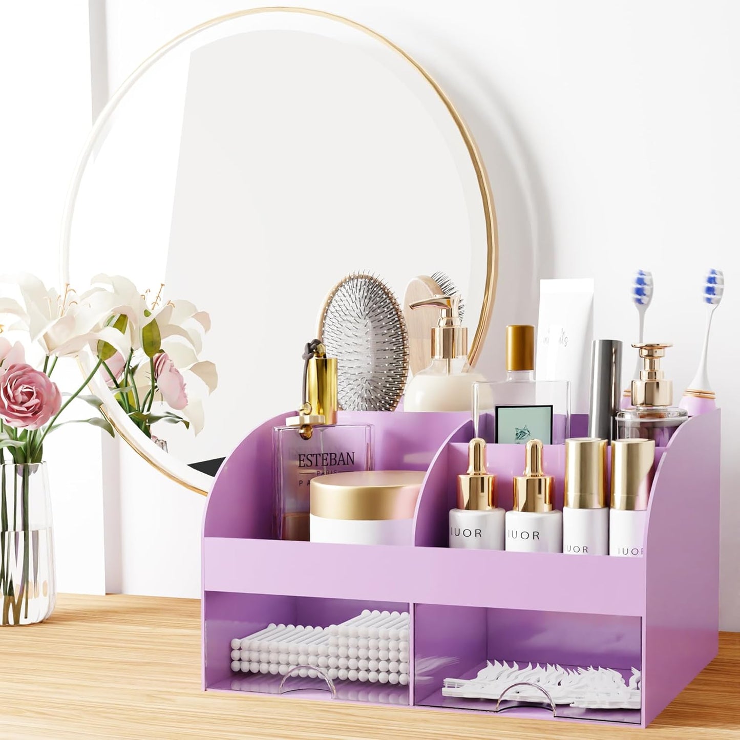 Makeup Organizer with Drawers, Cosmetic Storage for Dresser Vanity and Bathroom Countertop, Beauty Holder for Lipstick Brush, Skincare Organizer for Vanity, Cosmetic Display Case (White)