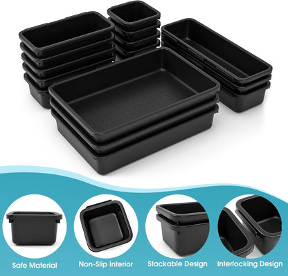 StoreHappily 10 PCS Drawer Organizer Set, 4 Size Makeup Drawer Divider Organizer With Non-Slip Pads, Interlocking Plastic Storage Bins for Office,Jewelry Vanity,Gadgets, Bathroom,Kitchen, Black