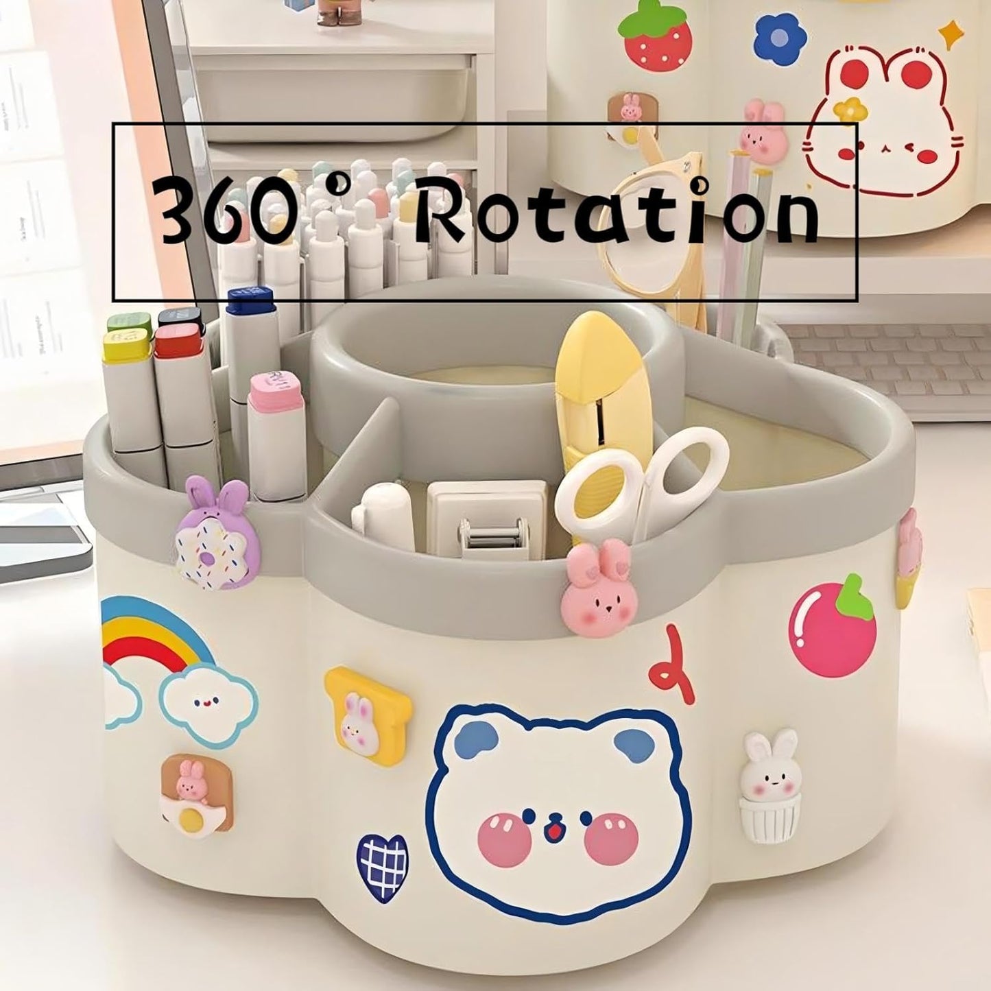Pen Holder for Desk, 360°Rotating Pencil Pen Holder,Pen Organizer with 6 Slots, Large-capacity Desk Organizer,Office, School, Home Use (Beige)