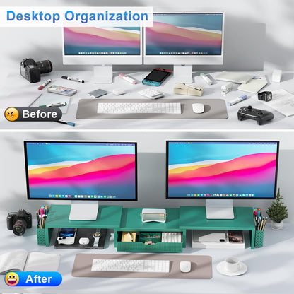 gianotter Dual Monitor Stand Riser, Desk Organizer With Drawer and 2 Pen Holders, Computer Monitor Stand, Shelf for Top of Desk, Black