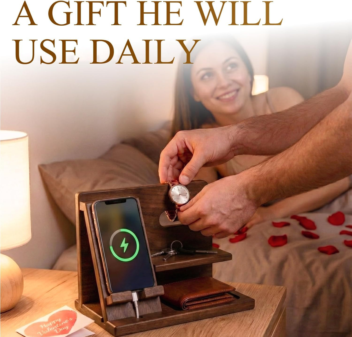 TESLYAR Wood Phone Docking Station for Men - Desktop or Nightstand Organizer - Birthday Gifts for Men, Dad - Anniversary Idea from Wife - Key Holder, Stand Wallet, Watch & Essentials (Granite Black)