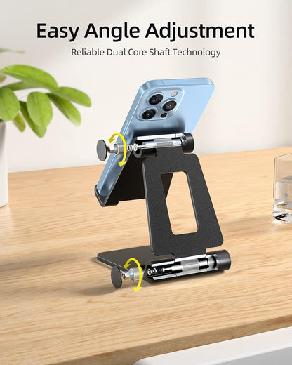 Nulaxy 2 Pack Fully Aluminum Dual Folding Cell Phone Stand, Adjustable Foldable Desktop Phone Holder for Desk Compatible with iPhone 17 16 15 14 13 12 11 Pro Max Xs Xr X 8, All Phones, Black & Silver