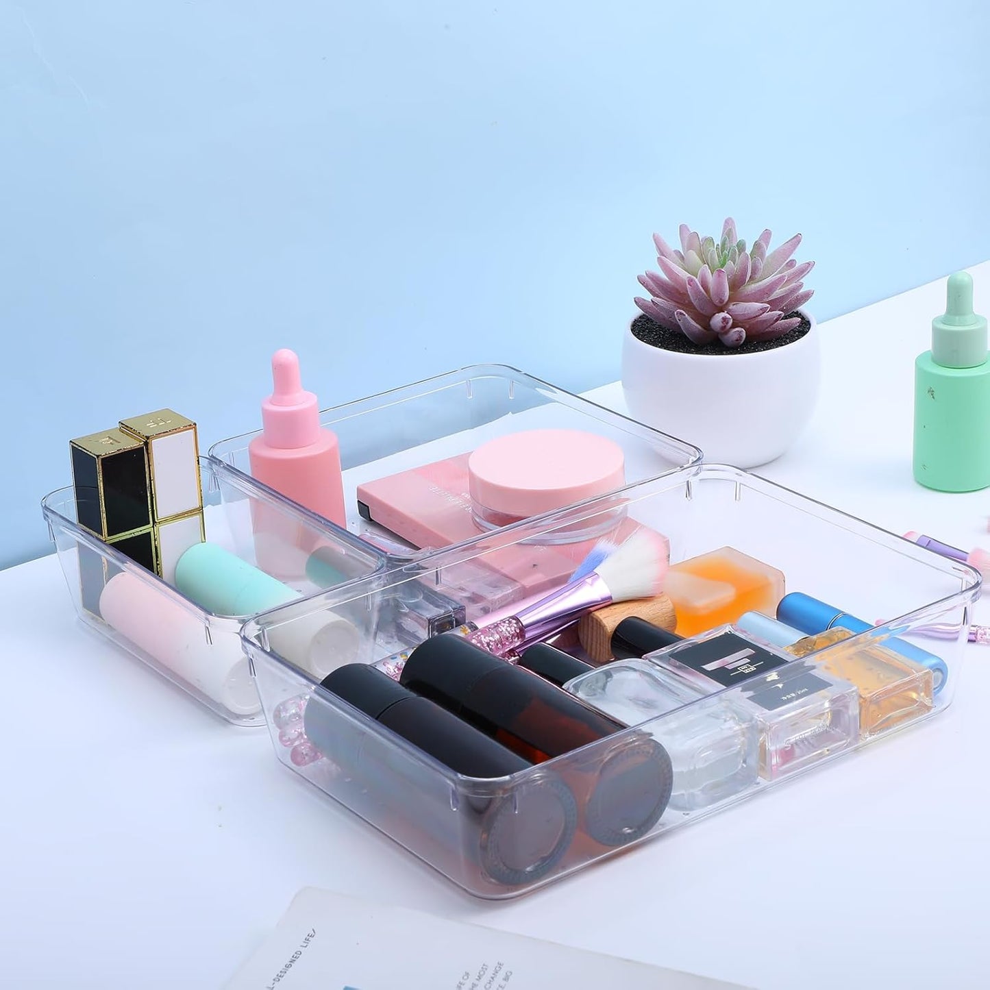 12 Pack Drawer Organizer - 3 Sizes, Clear Plastic Kitchen Drawer Organizers Set, Versatile Bathroom and Vanity Organizer Trays,Storage Bins for Makeup, Bathroom, Jewelries and Office