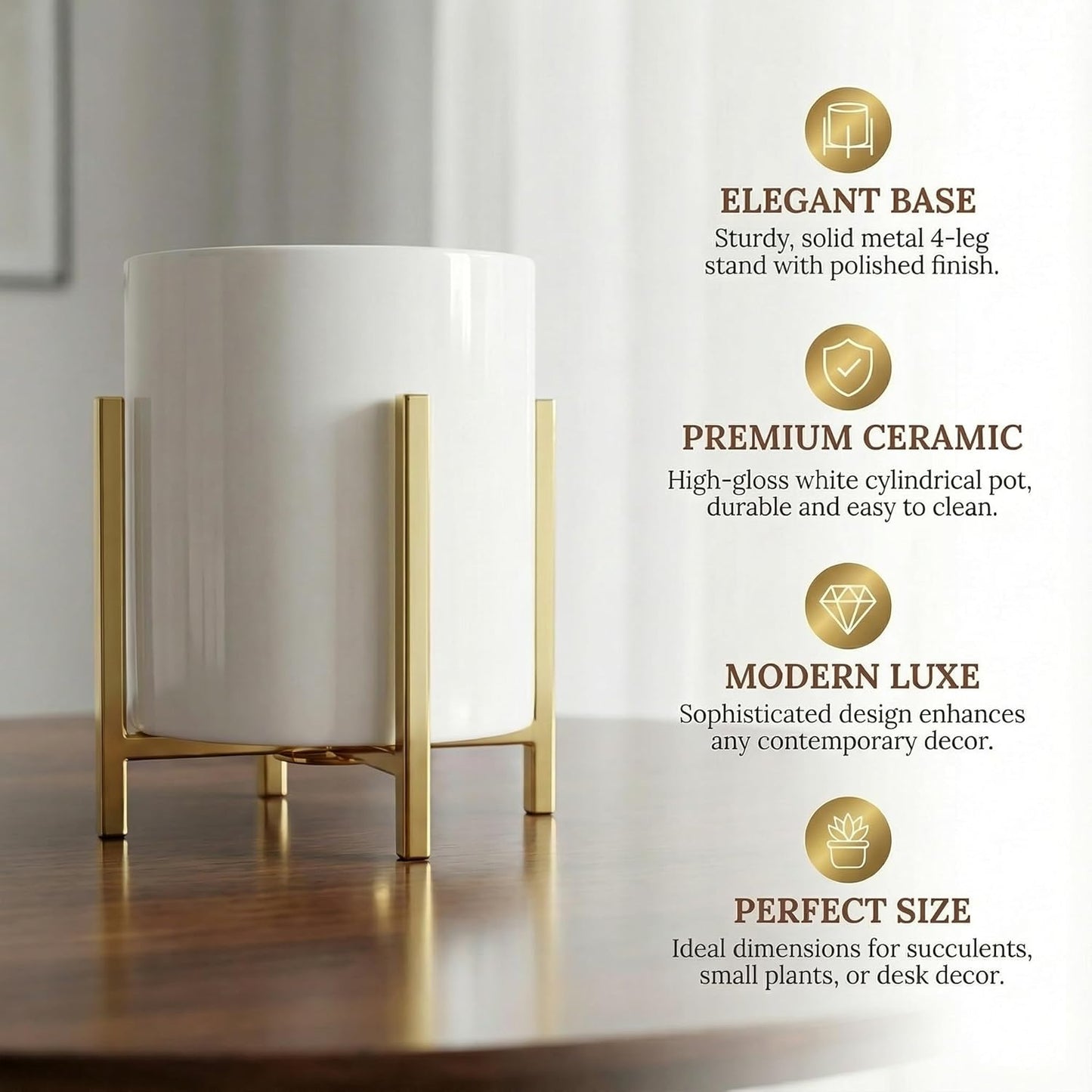 4.72" Gold Pen Holder Aesthetic Pencil Holder for Desk, Gold Desk Organizers and Accessories for Women Girls, Ceramic Pen Holder for Office