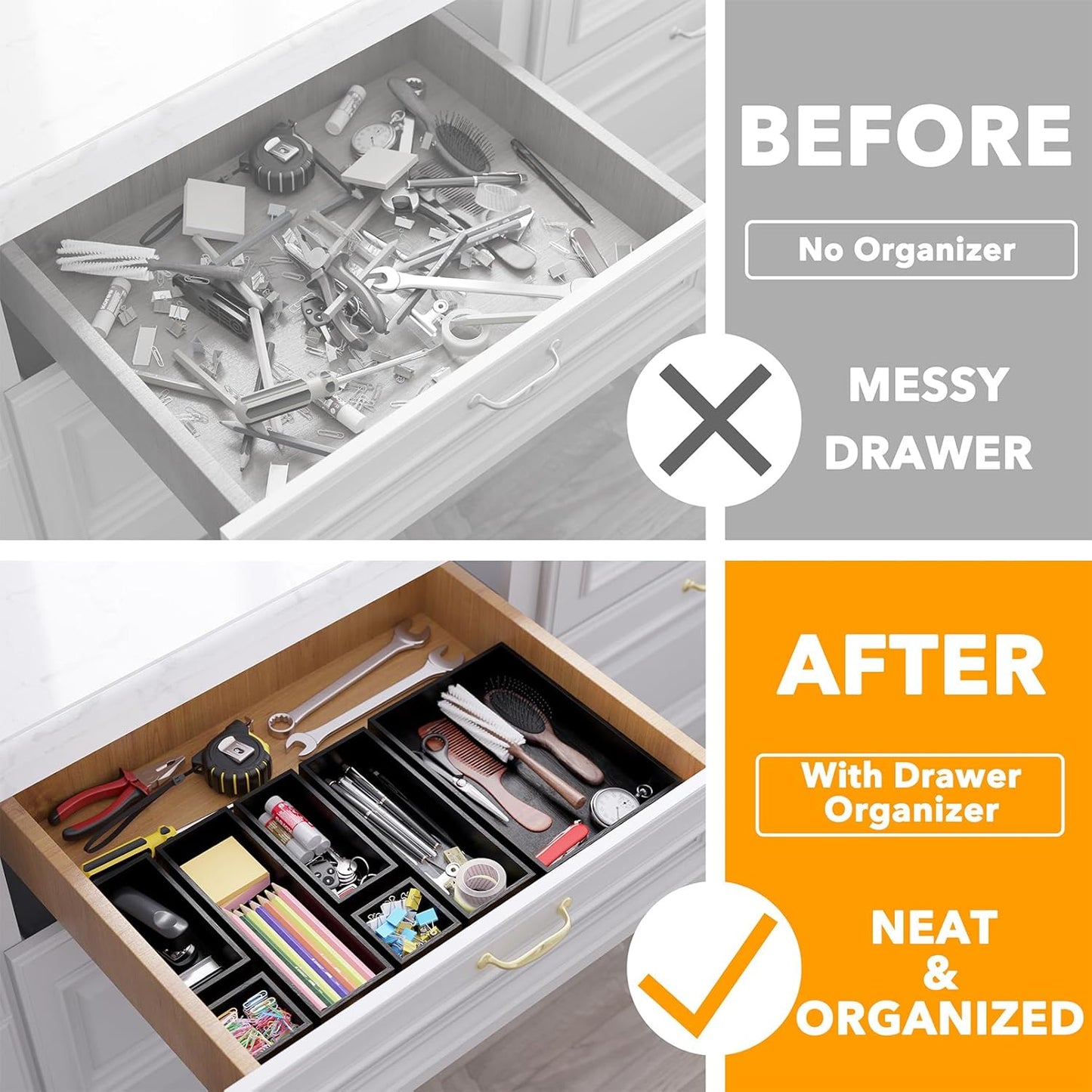 SpaceAid 7-Piece Bamboo Drawer Organizer Storage Boxes Set, Wood Tray Junk Drawer Organizers Multi-Use Divider Bins for Kitchen, Bathroom, Office Desk and Makeup Organization (7 Pack, Natural)
