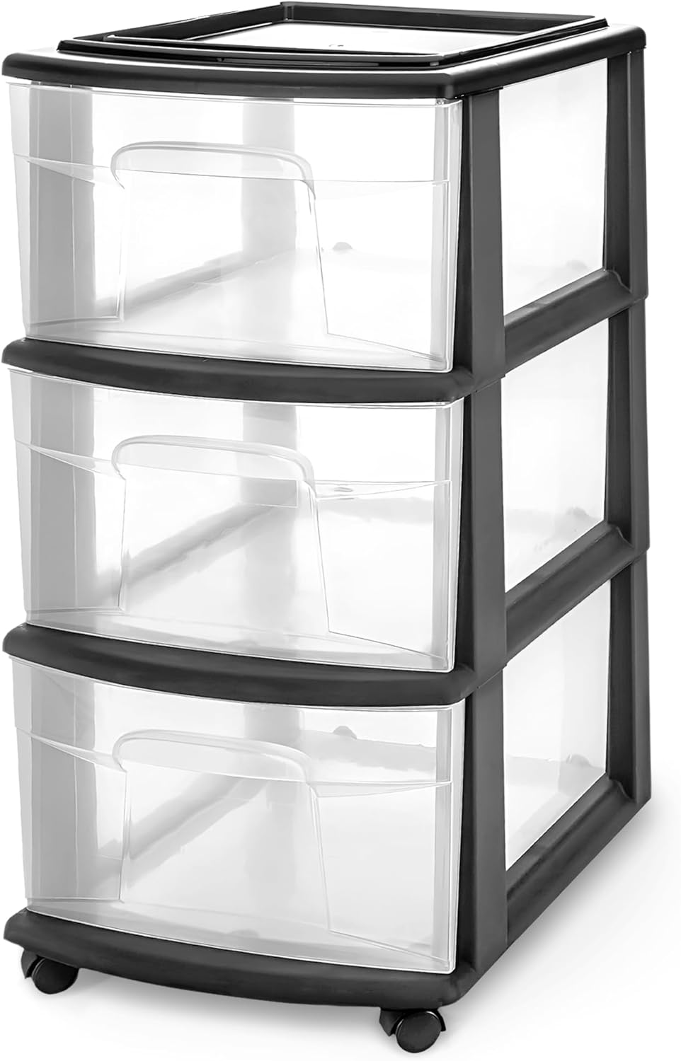 HOMZ Drawer Tower, 3-Tier Rolling Storage Cart with Removable Wheels, White Frame – Plastic Organizer with Clear Bin Drawers for Bedroom, Bathroom, Home Office, and Dorm Room