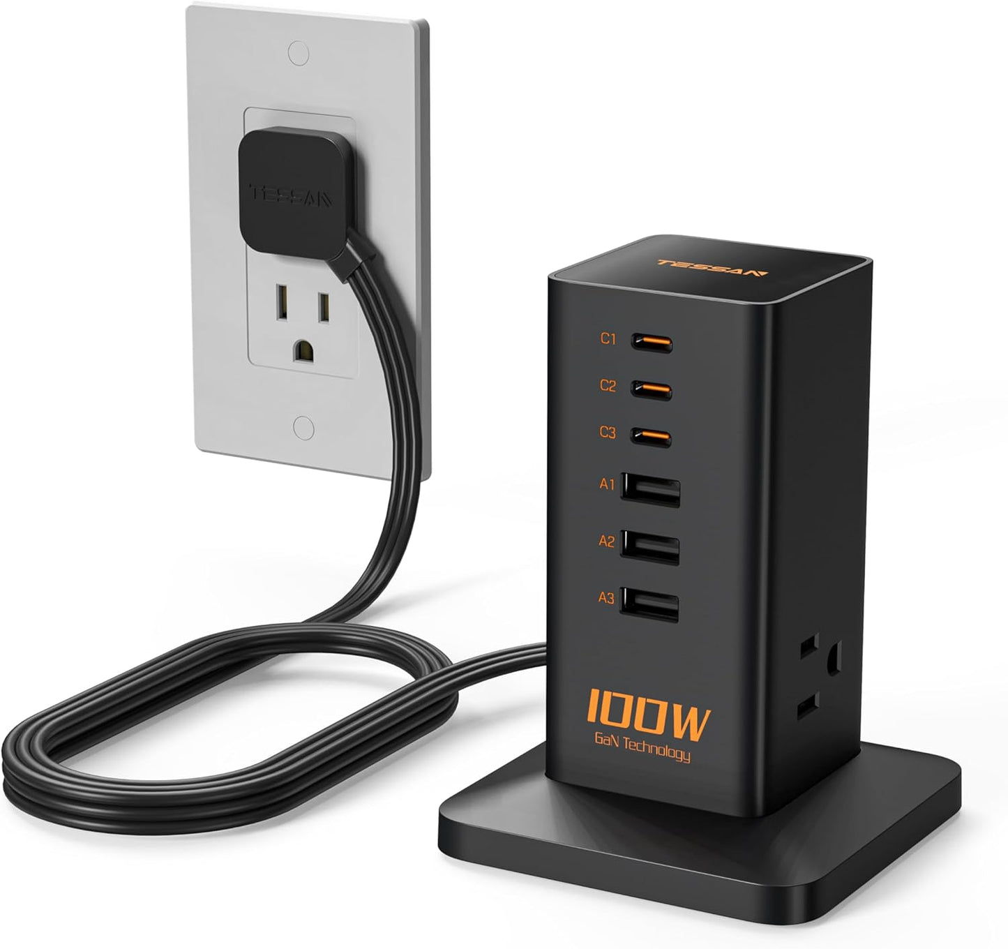 Charging Station for Multiple Devices, TESSAN 9-in-1 USB C Power Strip for iPhone 17/16/15, MacBook, Tablet, Desktop Phone Fast Charger with 3 AC, USB Charger, Home Drom Office Accessories, White-65W