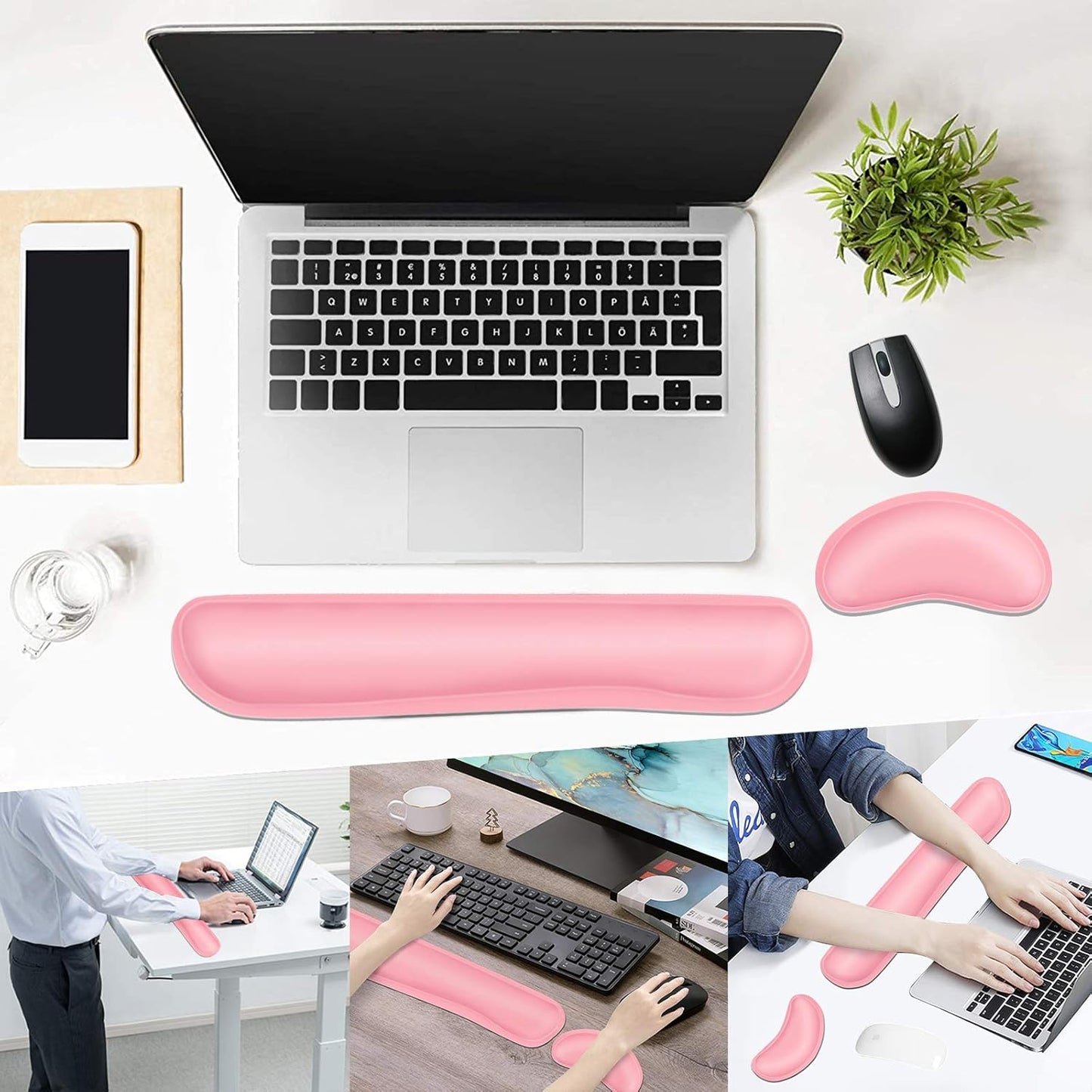 Dapesuom Keyboard Wrist Rest Set, Cute PU Leather Wrist Cushion for Computer Keyboard and Mousepad, Memory Foam Mouse Pad Rests Support with Non-Slip Base for Typing Pain Relief Laptop, Colonial White