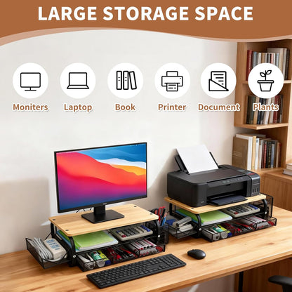 Desk Organizers and Accessories Monitor Riser, Monitor Stand with Drawer (2-Tier Drawers) with Large Side Storage Rack & Cable Management,66LBS/30KG, Office Organization, Walnut Brown