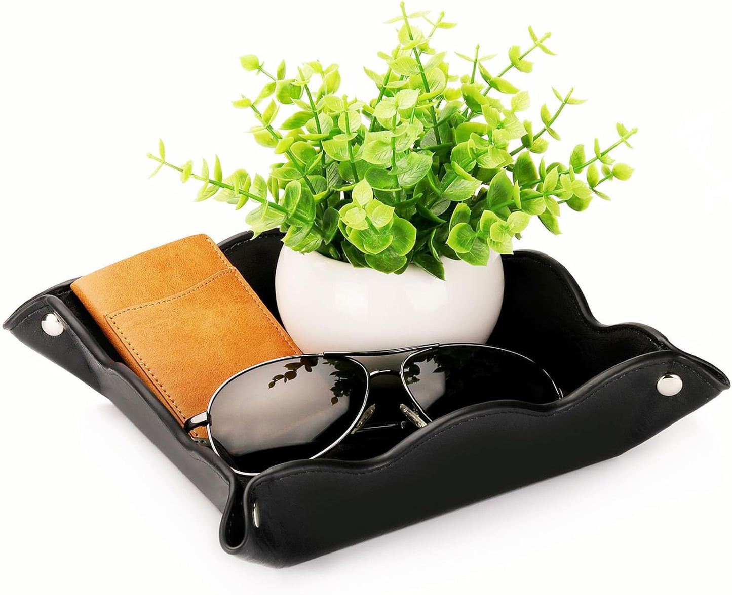 Valet Tray for Men Women - PU Leather Travel Catchall Tray Organizer - Desk Bedside Nightstand Storage Box for Jewelry Key Phone Remote Controller Wallet Watch Glasses Coin Readers -White
