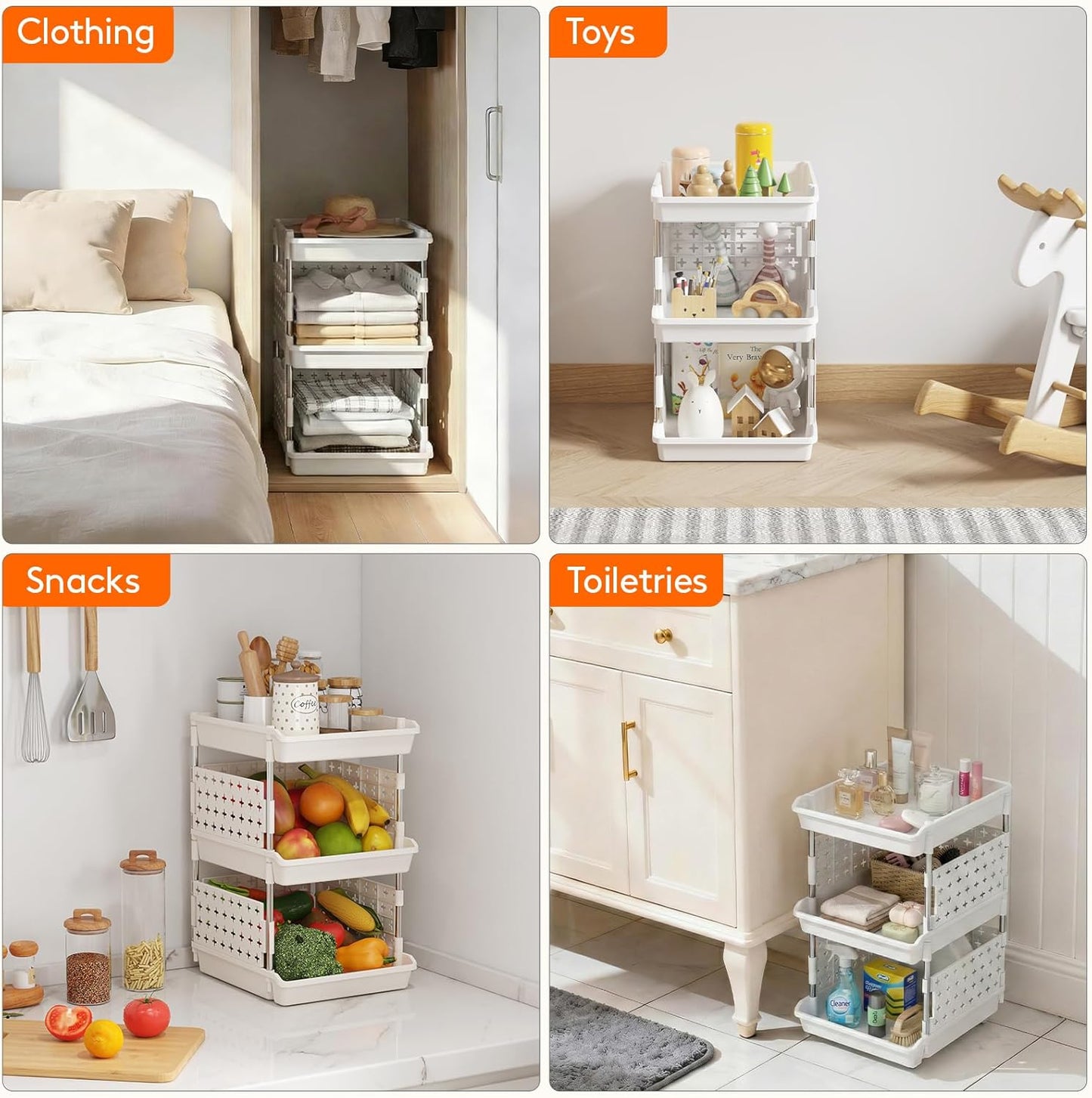Lifewit Plastic Stackable Storage Baskets, 4 Tier Stacking Bins for Food and Clothes, Multifunctional Organizer for RV, Kitchen, Playroom, Pantry and Bathroom, 13.8"D x 11.8"W x 28.3"H, 1 Pack, White