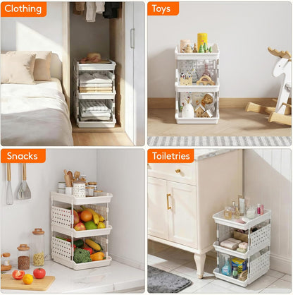Lifewit Plastic Stackable Storage Baskets, 4 Tier Stacking Bins for Food and Clothes, Multifunctional Organizer for RV, Kitchen, Playroom, Pantry and Bathroom, 13.8"D x 11.8"W x 28.3"H, 1 Pack, White