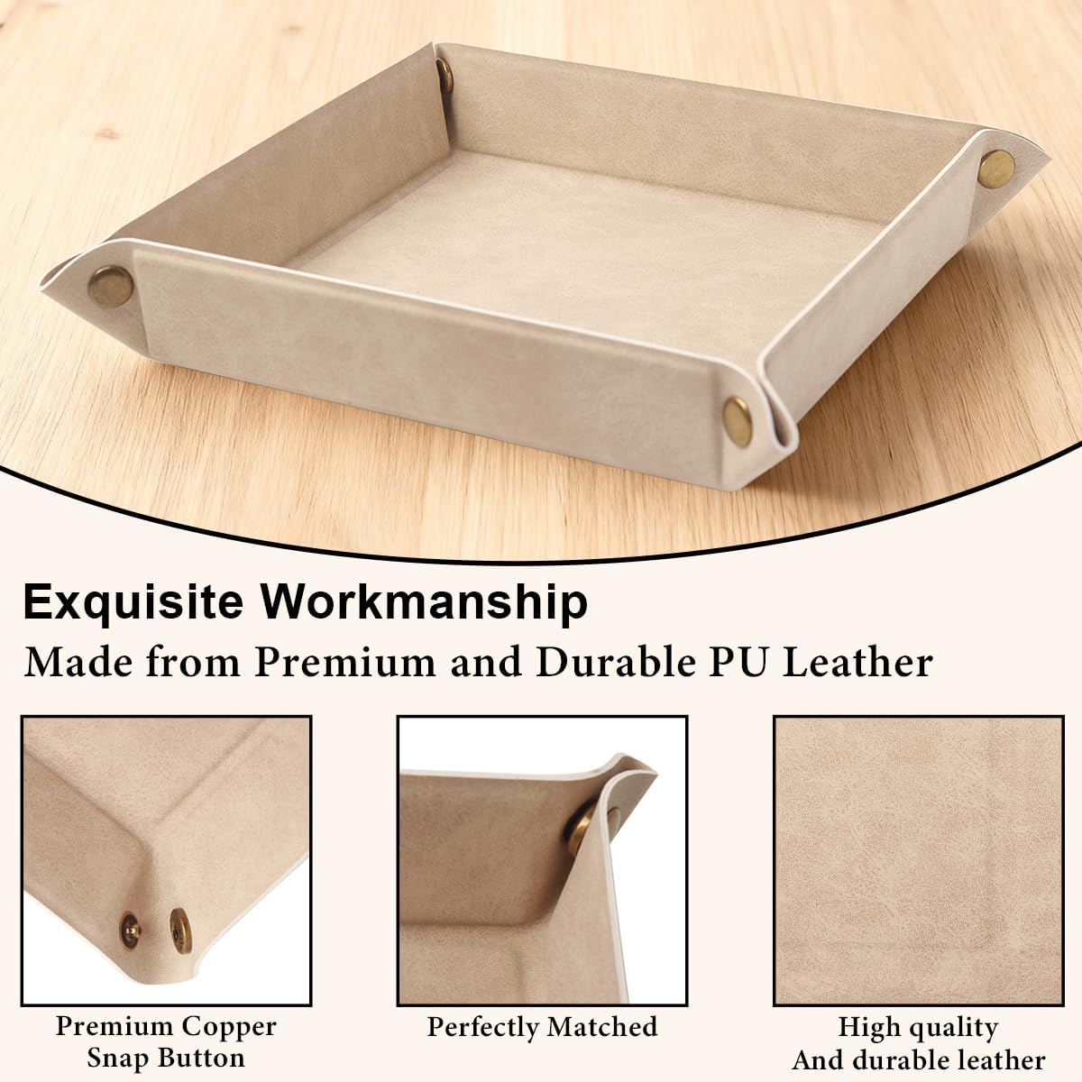 Valet Tray Desktop Storage Organizer – Premium PU Leather Catchall Bedside Vanity Tray Nightstand Caddy Holder for Remote Controller, Keys, Phone, Wallet, Coin, Jewelry,Brown