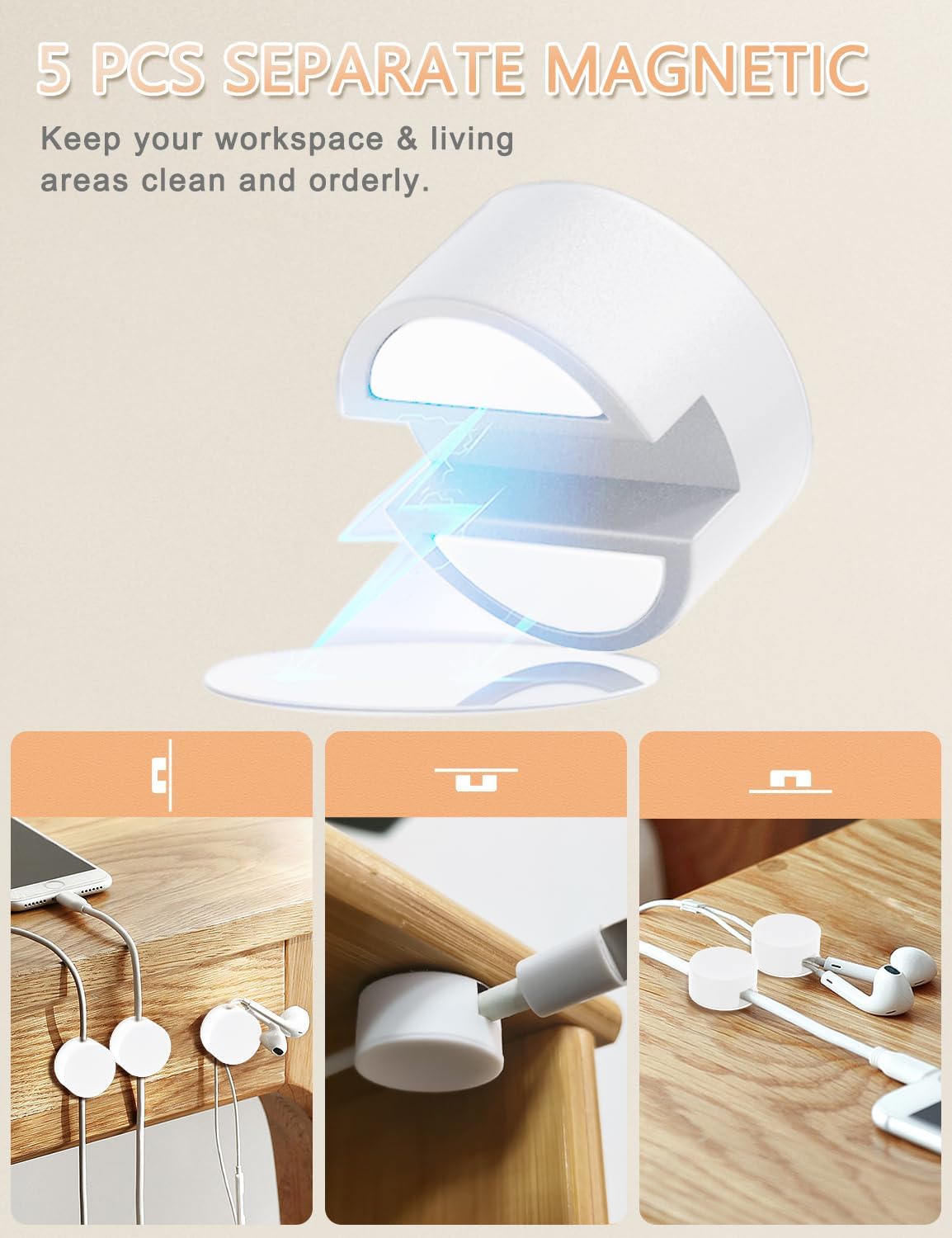 5-Pack Magnetic Cable Organizer Adhesive Cable Clips for Kitchen Nightstand Desk Table Metal Wall Steel, 5 Cord Clips + 5 Magnet Disc Base, White