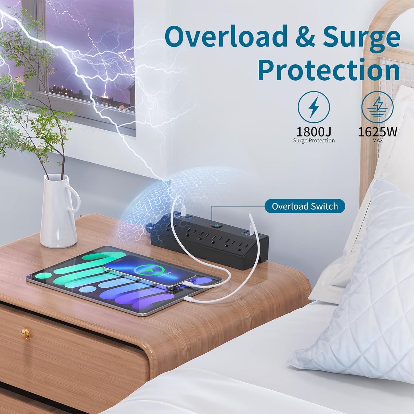 Desk Clamp Power Strip with 40W Fast Charging Station, JXGUCAT 10FT Flat Plug Desk Mount Power Strip Surge Protector, Removable Extension Cord with 2 USB-C Ports 6 Outlets, Fits 1.8" Tabletop Edge