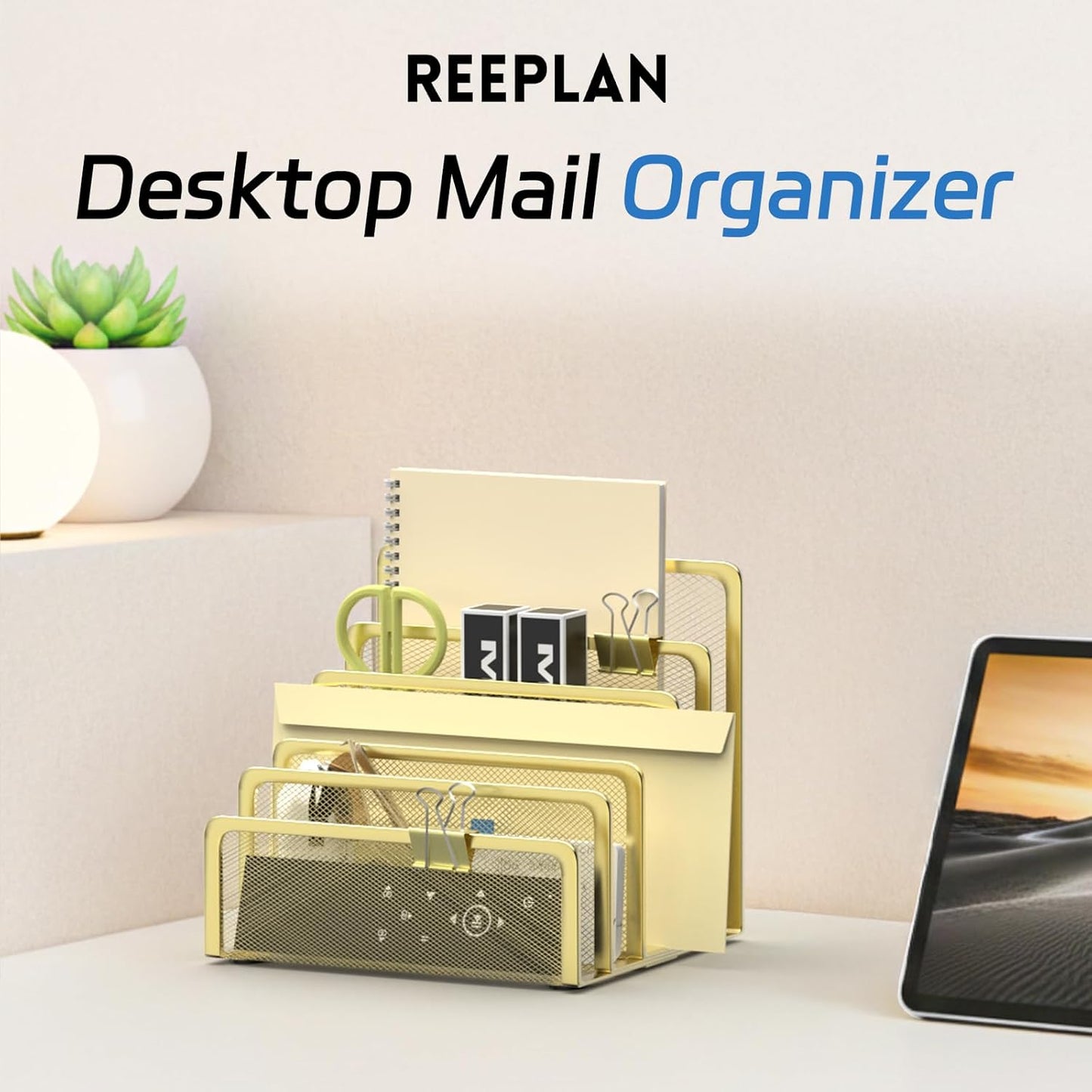 Mail Organizer Countertop with 5 Slot, Metal Mail Holder for Desk, File Holder Letter Sorter for Envelope, Bill and Document (Rose Gold)