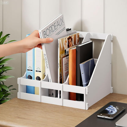 Bamboo Desktop Magazine Holder Desk File Organizer 3 Compartments Vertical File Dividers Book Holder Frames Document Cabinet Rack Storage Organizer Box for Home Office School Black (Black)