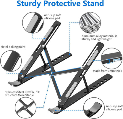Laptop Stand for Desk, Aluminum Metal MacBook Stand，Computer Riser for Desk, Portable Foldable Adjustable Notebook Holder, Compatible with 10-15.6 Inch Laptops, iPad, Silver.