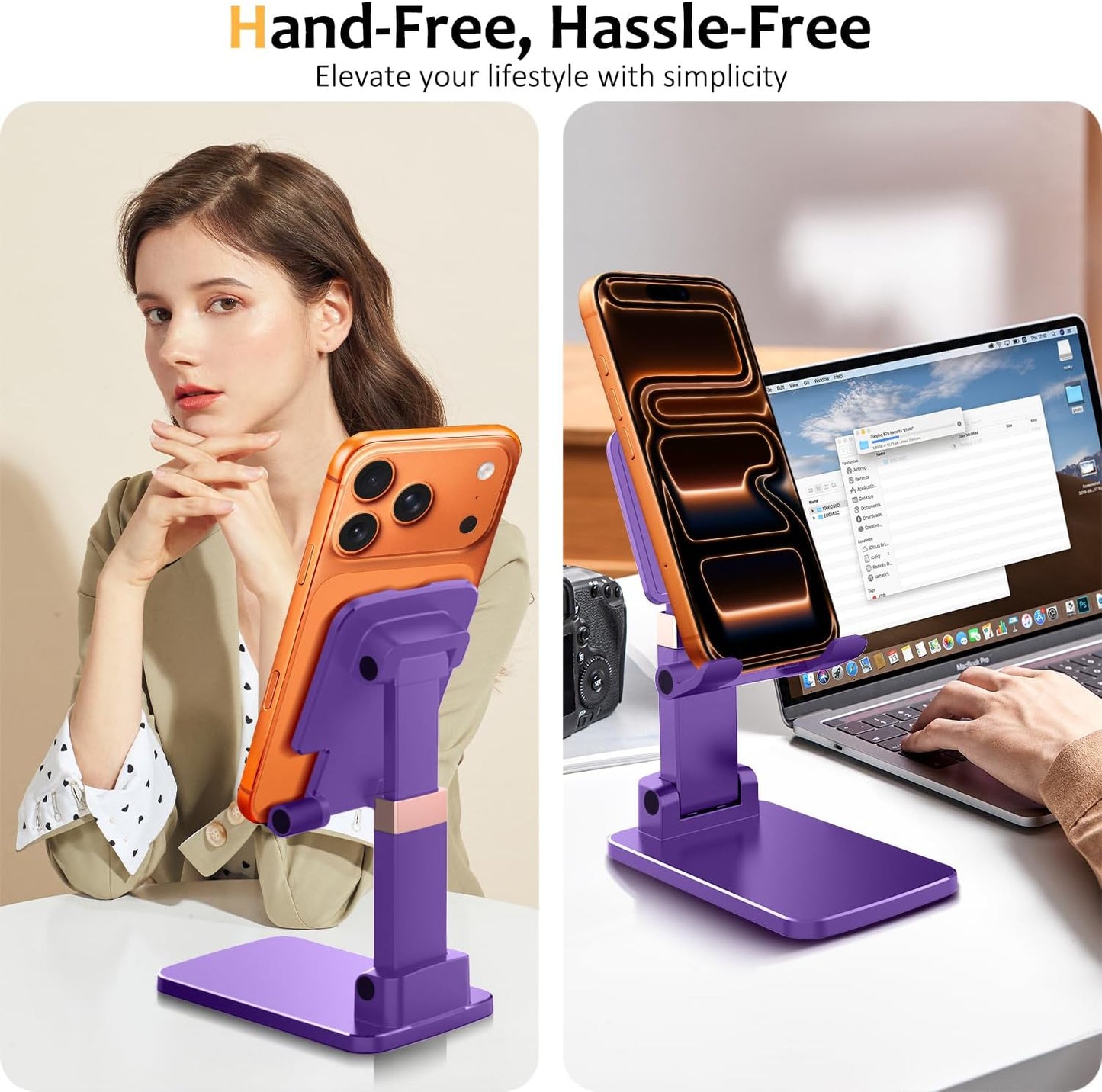 Phone Stand for Desk,Fully Adjustable Foldable Phone Holder,Metal Base with Anti-Slip Pad,Thick Case,Compatible with iPhone 17 Pro Max/Air/17 Pro/17/16/16e,15,All Phones,Portable Office Accessories