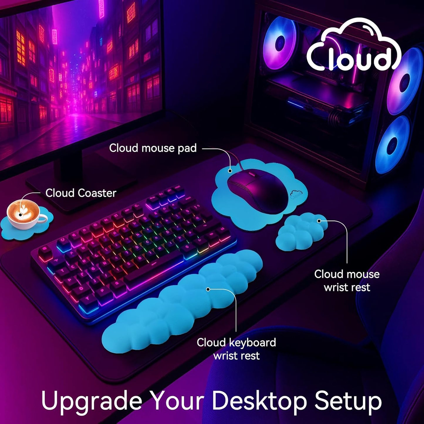 Sushret Cloud Wrist Rest for Computer Keyboard, 4-in-1 Memory Foam Leather Cloud Keyboard Wrist Rest and Mouse Pad Set with Ergonomic Support for Arm and Palm Cushion, Gaming/Work Setup, Rainbow