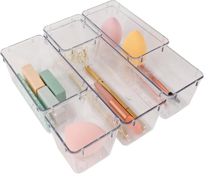 Drawer Organizer with Non-Slip Silicone Pads Set of 15,Clear Plastic Vanity Organizer Storage Bins Containers,4 Size Desk Organizer Tray
