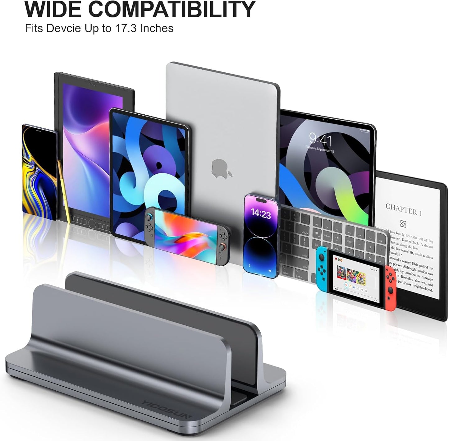 YICOSUN Aluminum Vertical Laptop Stand for Desk - Adjustable Width Dock for MacBook, Surface, Samsung, HP, Dell up to 17.3 inches - Space-Saving & Protective Design - Gray