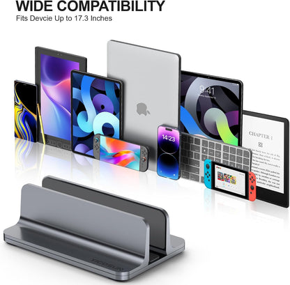 YICOSUN Aluminum Vertical Laptop Stand for Desk - Adjustable Width Dock for MacBook, Surface, Samsung, HP, Dell up to 17.3 inches - Space-Saving & Protective Design - Gray