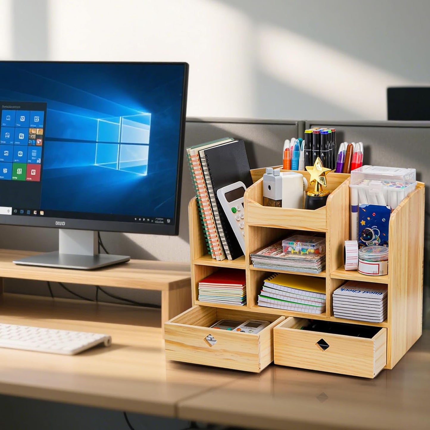 Wooden Desk Organizer with Drawers, Large Countertop Office Supplies Accessories Organization with 10 Compartments, Multifunctional Storage Box Makeup Storage Shelf Rack for Home, Office