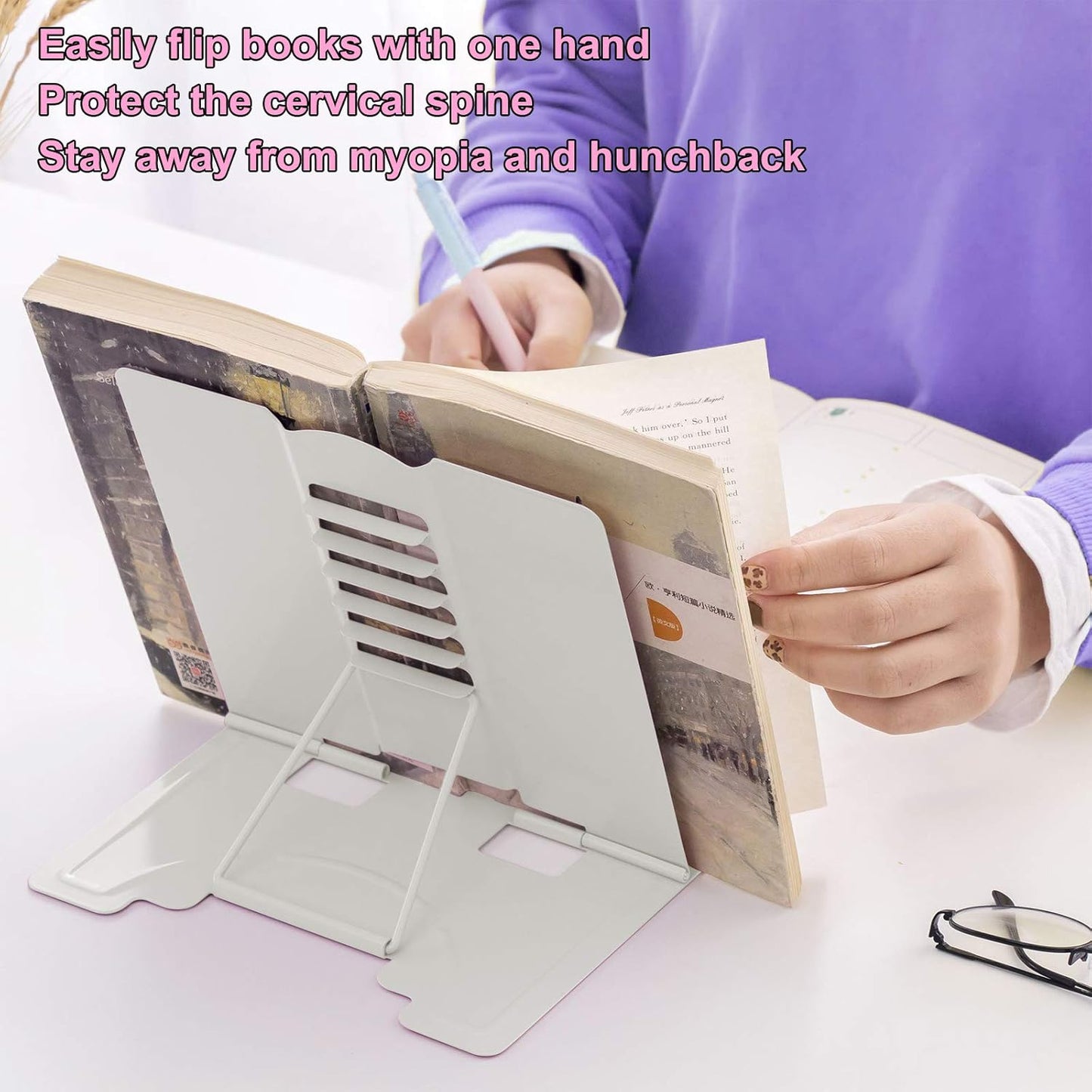 MSDADA Desk Book Stand Metal Reading Rest Book Holder Adjustable Cookbook Documents Holder for Recipes Textbooks Tablet Music Books, Mom Gifts, Gifts for Grandma Mom Mothers Day(Light Purple)