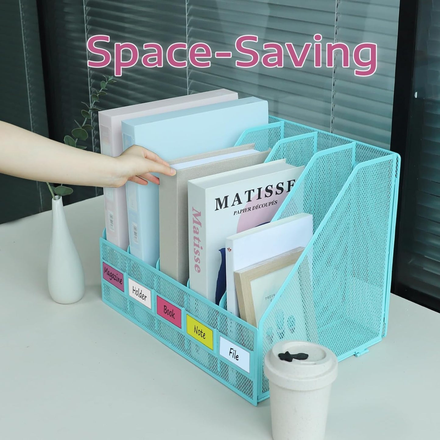 Desk Organizers, Metal Magazine File Holder with 5 Vertical Compartments Rack Binder File Organizer for Office Supplies, Home Workspace - Black