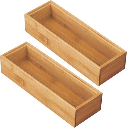 mDesign Slim Wooden Bamboo Drawer Organizer for Office - 12" Long Stackable Storage Box Tray for Desk Drawers/Cabinet - Junk Drawer and Accessories Organization - Echo Collection, 2 Pack, Natural Wood
