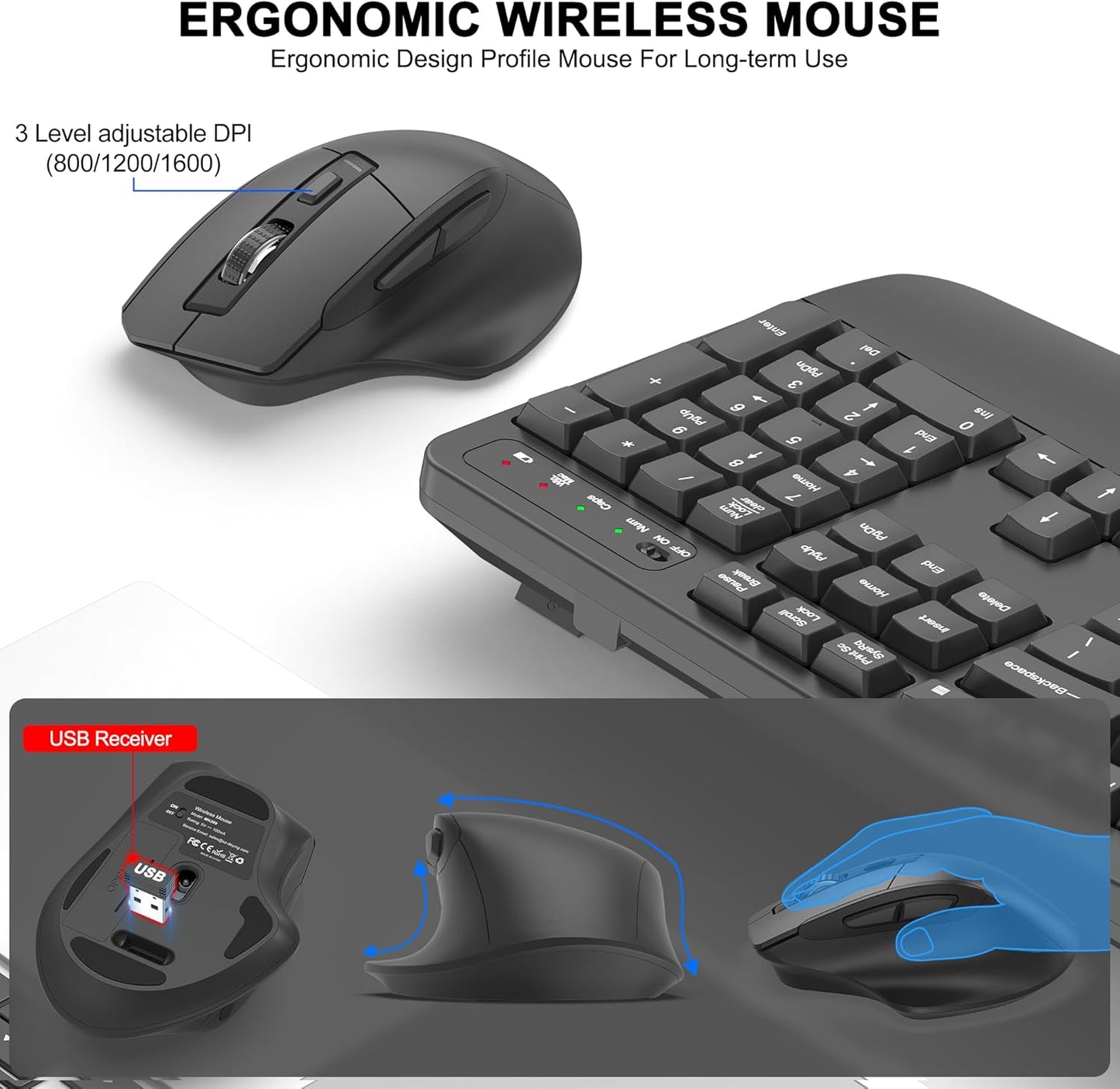 Wireless Keyboard and Mouse Combo, 2.4G Full Size Wave Keys Ergonomic Keyboard with Wrist Rest and 3-Level DPI Adjustable Wireless Ergonomic Mouse for Windows, Mac OS Desktop/Laptop/PC(Black)