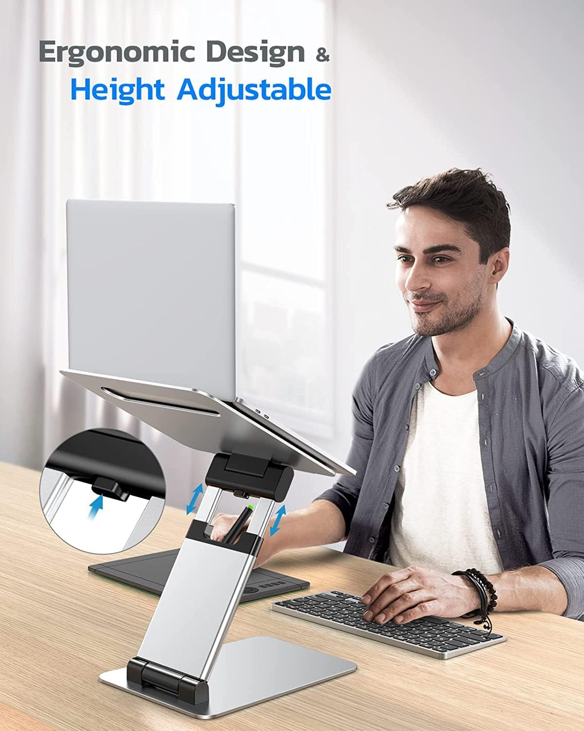 Nulaxy Height Adjustable Laptop Stand for Desk, Dual Foldable Aluminum Computer Riser, Pull Out Design Ergonomic Sit to Notebook Holder Convertor, Compatible with All 10-17" Laptops, Tablets, Gray