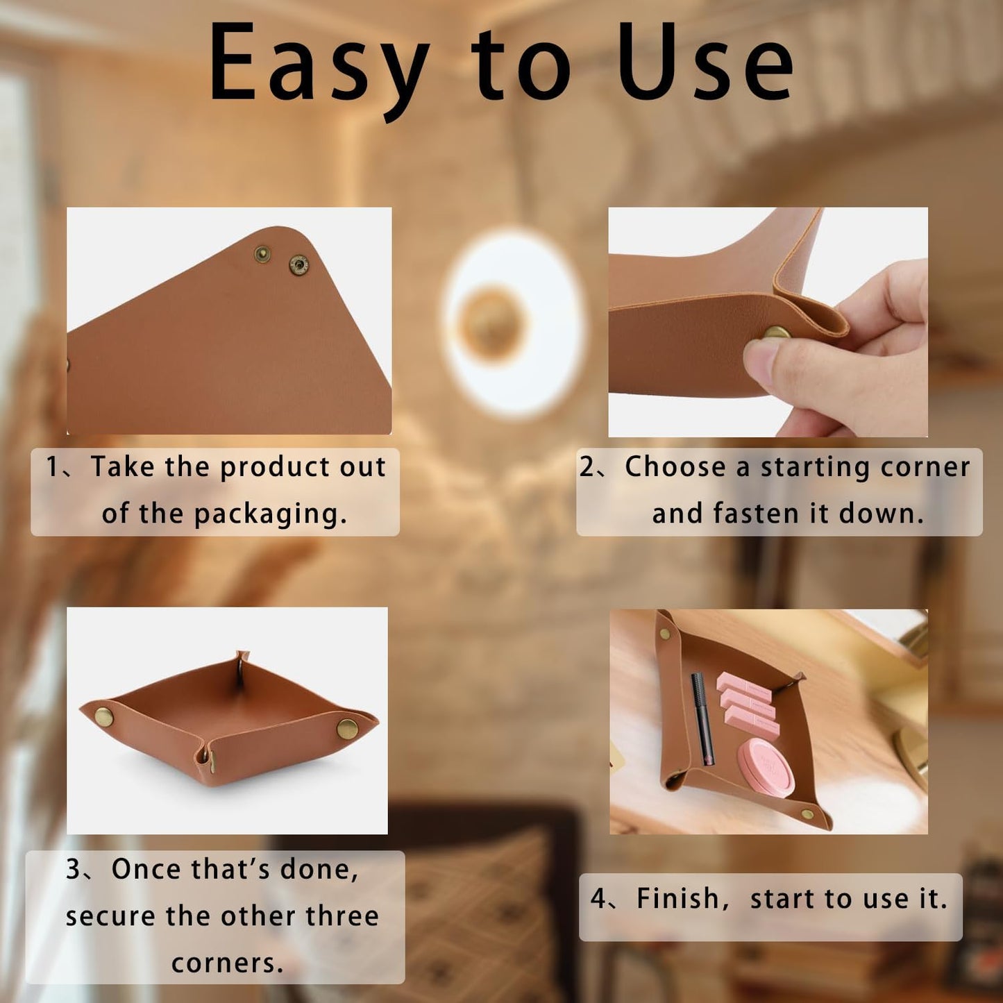 3 Pcs Leather Valet Tray for Keys & Jewelry Premium Desktop Organizer Portable Design for Watches, Wallets, Phones Home Office Travel Nightstand Accessory (Brown)