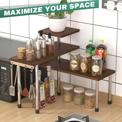 ZHWS Kitchen Countertop Organizer Spice Rack for Salt, Bathroom Counter Organizer Over Sink for Makeup, Skincare, Adjustable 3-Tier Corner Counter Shelf with 4 Hooks for Coffee Bar Dresser Table
