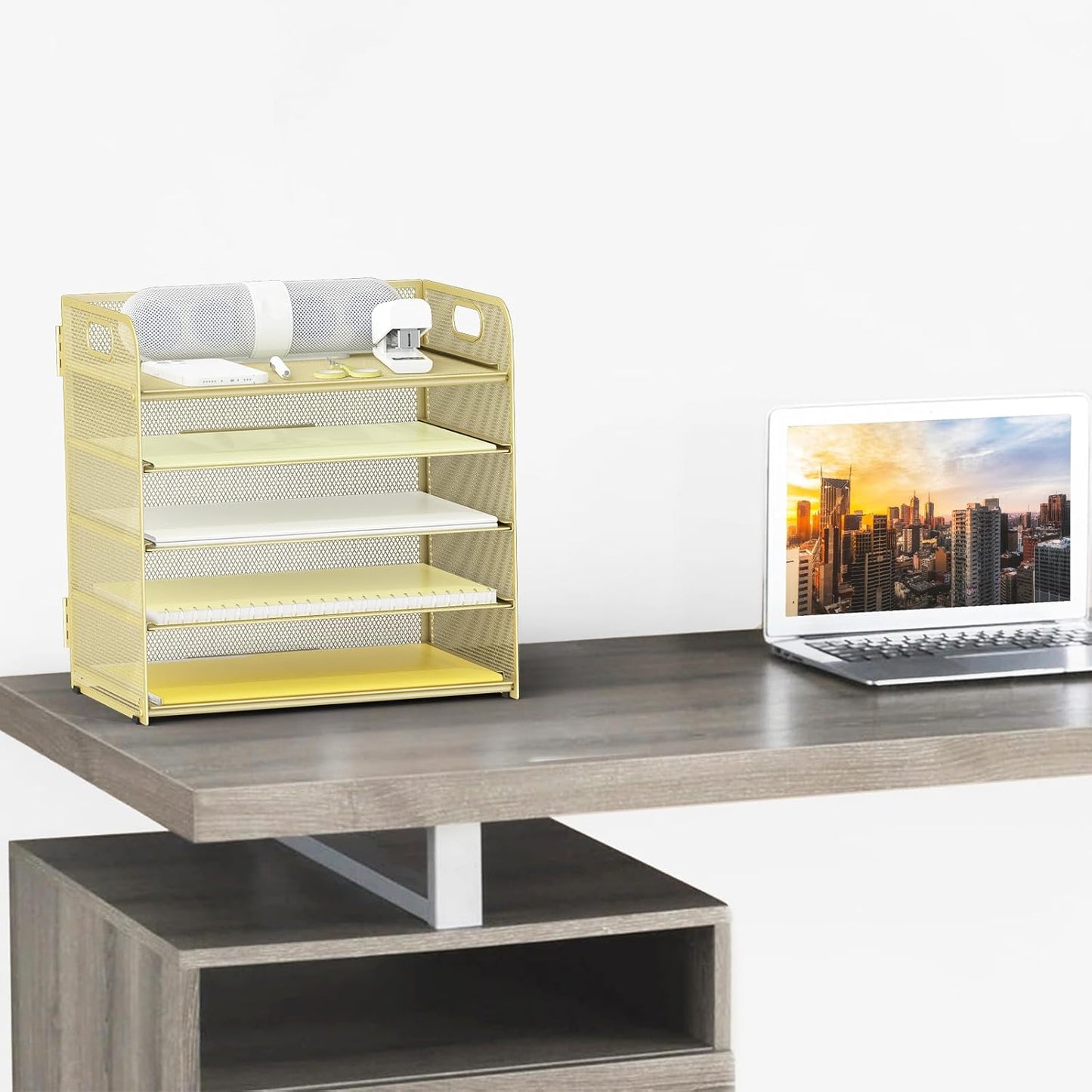 Letter Tray Paper Organizer 5-Tier Desk Organizer File Organizer Paper Holder with Handle, Metal Desktop Document Shelf Tray Office Classroom Organization - Black