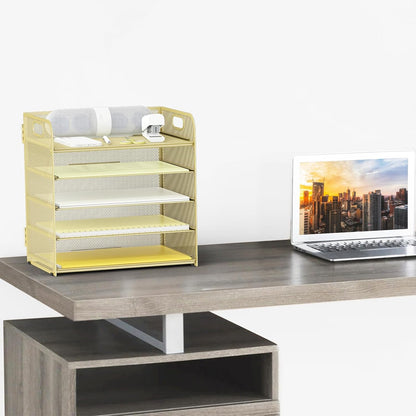 Letter Tray Paper Organizer 5-Tier Desk Organizer File Organizer Paper Holder with Handle, Metal Desktop Document Shelf Tray Office Classroom Organization - Black