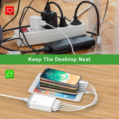 Pezin & Hulin Bamboo Charging Station for Multiple Devices with 5 Port USB Charger, 5 Cables and Watch Stand. Wood Desktop Docking Stations Organizer for Cell Phone, Tablet, Watch, Office Accessories