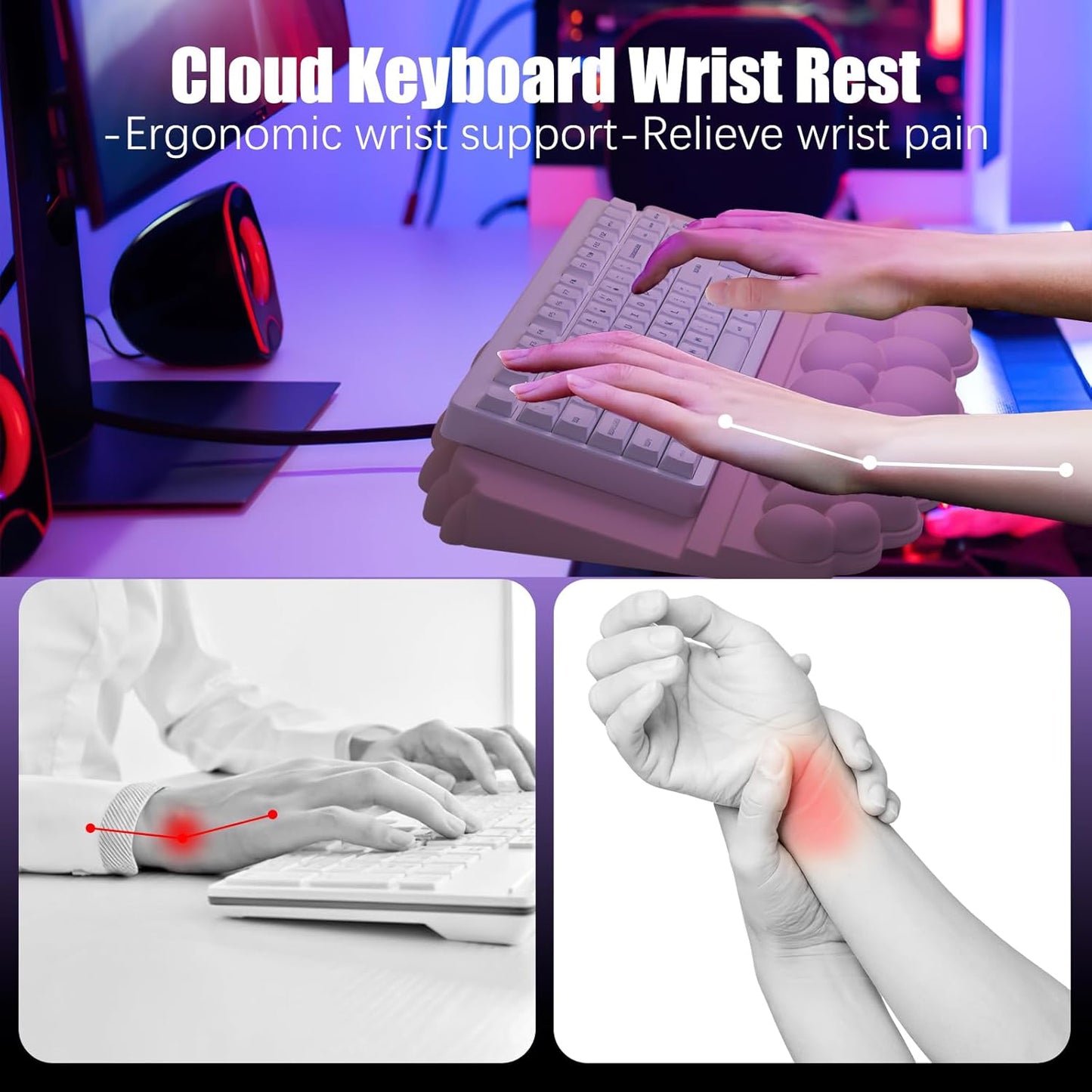 Ergonomic Wrist Rest for Keyboard and Mouse, Soft Memory Foam Cloud Keyboard Stand Pad with Wrist Rest Set, Easy Typing, Pain Relief, Comfort for Office, Work, Gaming - White