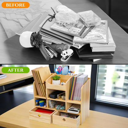 Wooden Desk Organizer with Drawers, Large Countertop Office Supplies Accessories Organization with 10 Compartments, Multifunctional Storage Box Makeup Storage Shelf Rack for Home, Office