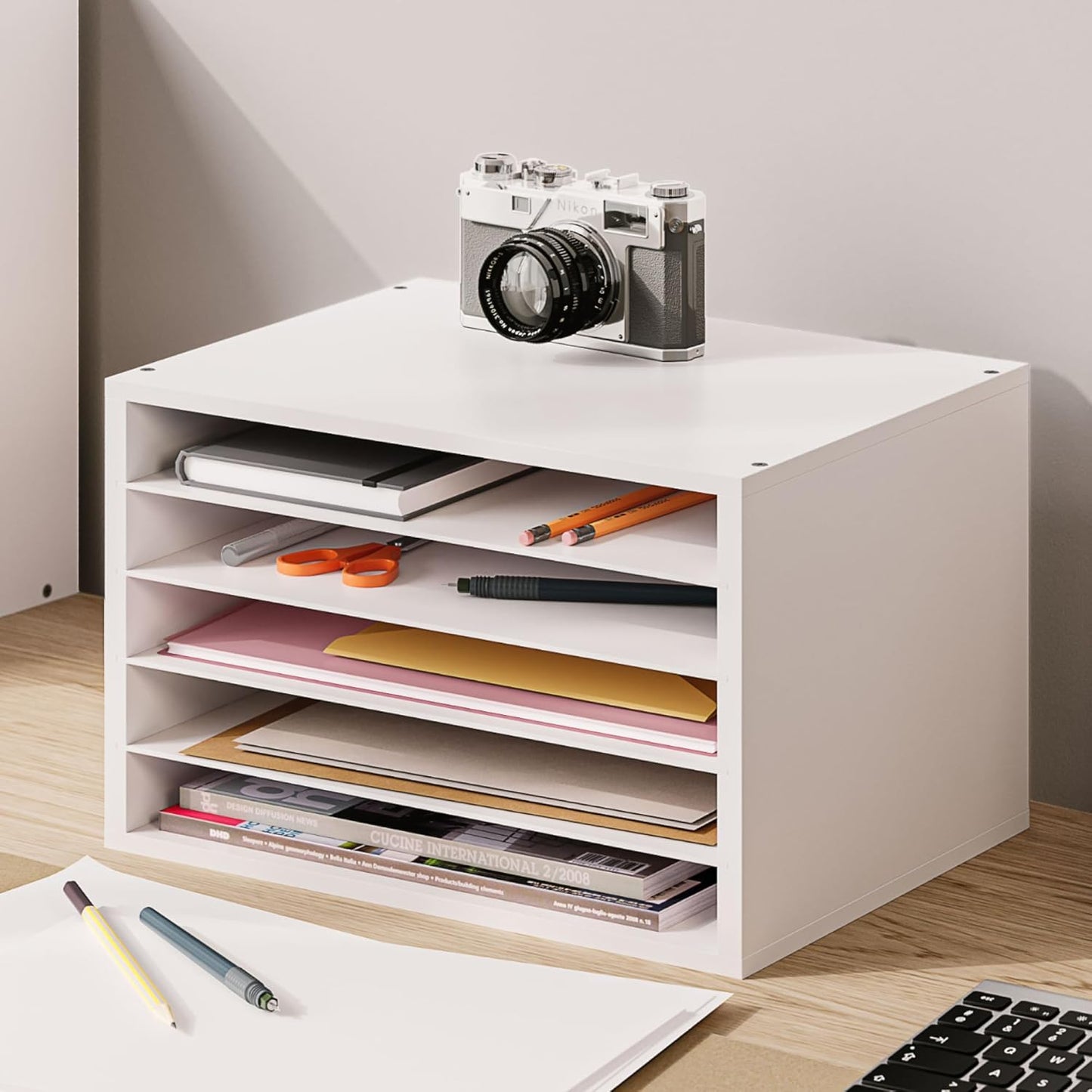 Ballucci 4-Tier Paper Organizer for Desk, Stackable Organizer Tray, Desk Storage Shelves, Stacking Letter Paper Tray Sorter for Classroom, Office, White