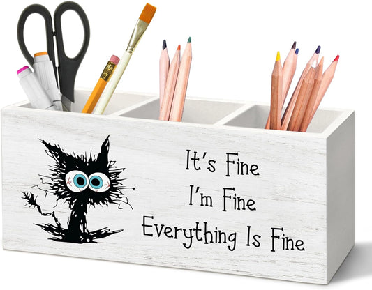 Funny Black Cat Pen Holder for Desk, Funny Office Pencil Organizer, FunnyGifts for Coworkers I'm Fine Everything is Fine Black Cat Wooden Pen Holder Desk Accessories Decor for Home Office