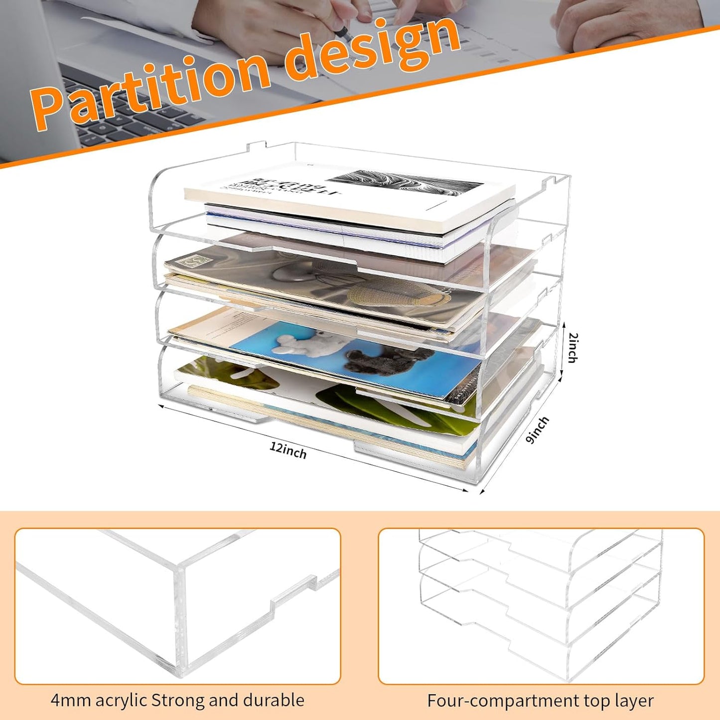 2 Pack- Stackable Paper Letter Tray,Clear Acrylic Magazine Holder and File Organizer - Sleek Desk Organizer for Home Office, Bookshelf, or Workspace - Space-Saving Transparent Document Holder